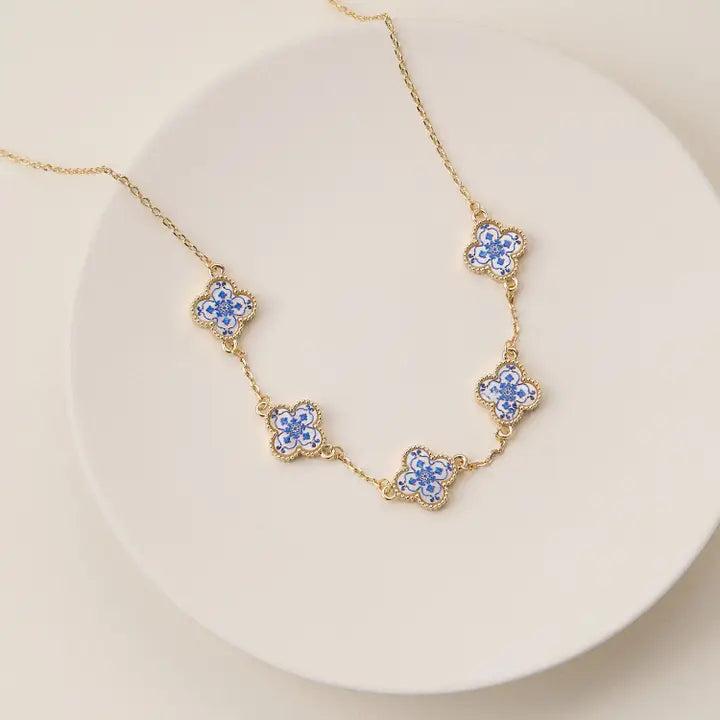 Blue Floral Mother of Pearl Necklace