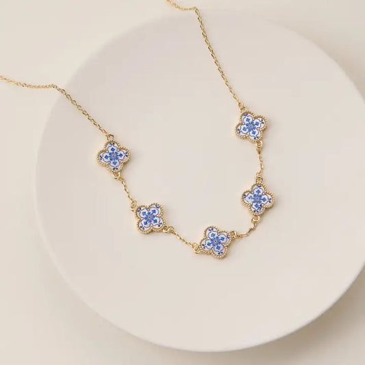 Blue Floral Mother of Pearl Necklace